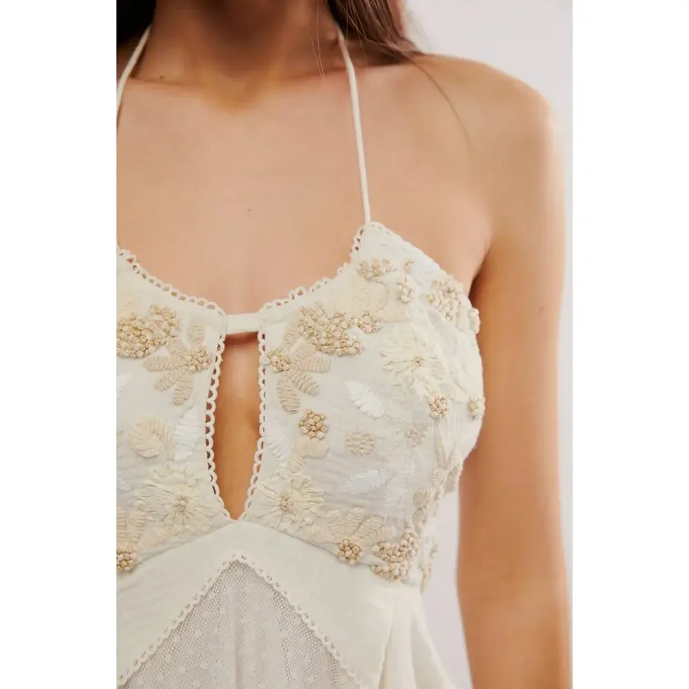 Free People XS RARE Ivory Boho ivy eyelet Maxi Dress